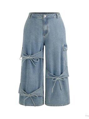 Women's Low Rise Wide Leg Bow Detail Non-Stretch Denim Jeans